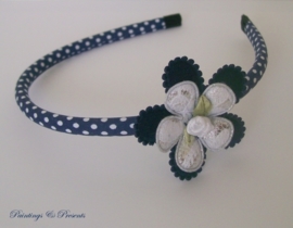 Diadeem donkerblauw/witte stip met bloem en roosje