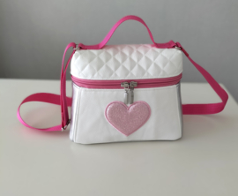 Meisjes handtasje schoudertasje wit zilver roze glitter hartje fuchsia