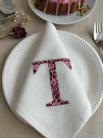 Landelijke linnen off white servet 'letter' gepersonaliseerd geborduurd bordeaux chinoiserie