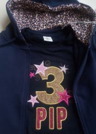 Donkerblauw verjaardagsshirt/ longsleeve met cijfer en naam roze goud glitter en sterren