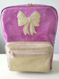 Rugzak meisjes donker roze glitter/ goud kunstleer 'strik' geborduurd