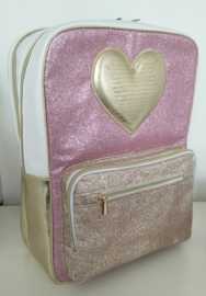 Rugzak hartje roze goud glitter wit kunstleer geborduurd sleutelhanger met naam