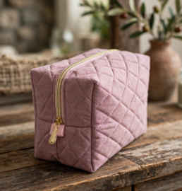Luxe toilettas stone washed linnen oud roze/ mauve gewatteerd quilt