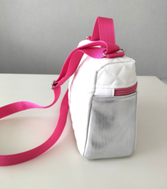 Meisjes handtasje schoudertasje wit zilver roze glitter hartje fuchsia