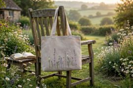 Stone washed linnen tas met geborduurde veldbloemen zand/ beige