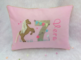 Kinderkussentje paard/ pony roze canvas met goud glitter verjaardagscijfer en naam geborduurd gepersonaliseerd