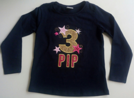 Donkerblauw verjaardagsshirt/ longsleeve met cijfer en naam roze goud glitter en sterren