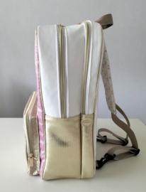 Rugzak hartje roze goud glitter wit kunstleer geborduurd sleutelhanger met naam