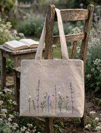 Stone washed linnen tas met geborduurde veldbloemen zand/ beige