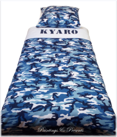 Dekbedovertrek 'camouflage/army' blauwtinten met naam 140 x 200/220 cm