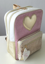 Rugzak hartje roze goud glitter wit kunstleer geborduurd sleutelhanger met naam