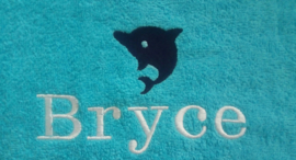 Geborduurde kinderbadjas aqua blauw met naam en dolfijn
