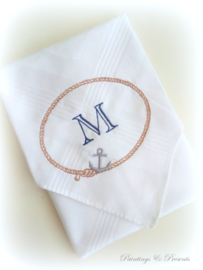 Geborduurde zakdoek wit met touw en anker met initialen of naam