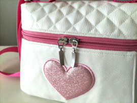 Meisjes handtasje schoudertasje wit zilver roze glitter hartje fuchsia