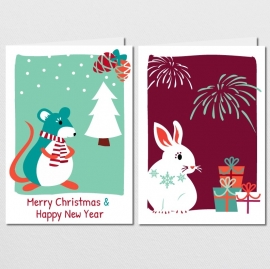 Christmas cards set - Christmas Mouse & Newyears Bunny