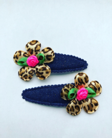 Haarspeldjes Navy/Leopard/neon roze