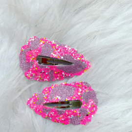 Haarspeldjes met leer glitter fel roze/lila