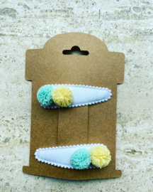 Haarspeldjes met pom pom mint/geel