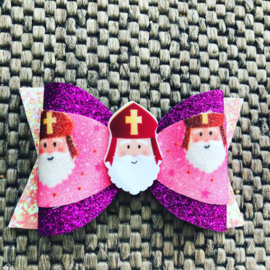 Paars/roze glitter haarstrik Sinterklaas