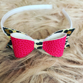 Diadeem met strik glitter Leopard/fuchsia