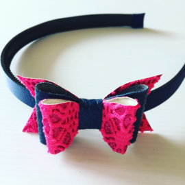 Diadeem met strik..Navy/fuchsia rose