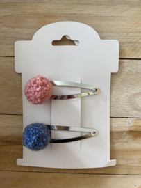 Haarspeldjes met pom pom (Roze/blauw