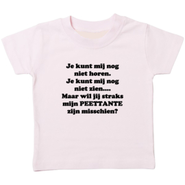 Kinder T-shirt met de opdruk: Je kunt mij nog niet horen Je kunt mij nog niet zien peettante
