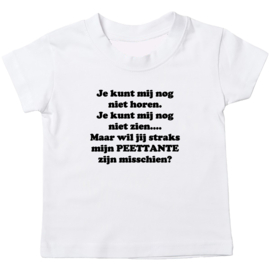 Kinder T-shirt met de opdruk: Je kunt mij nog niet horen Je kunt mij nog niet zien peettante