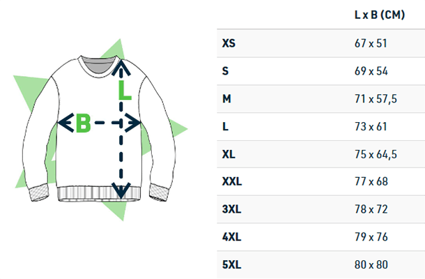 bedrukeenshirt.nl volwassen sweater maattabel