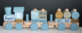 Blauwe trein met geboortegegevens Little Dutch
