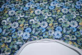 Een katoenen kapmanteltje met een fris motief van blauwe, witte en groene bloemetjes. Nog 1 op voorraad.