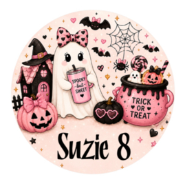 Halloween traktatiesticker met naam | Roze