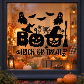 Trick or Treat Halloween raamsticker met spoken en pompoenen