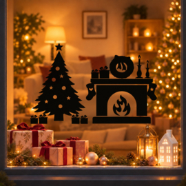 Herbruikbare Raamstickers | Openhaard |  Kerstbom
