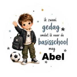 Voetbaljongen traktatiesticker met naam | Ik zwaai gedag