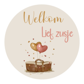 Traktatie stickers | Welkom lief zusje