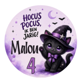 Heksenkat Halloween traktatiesticker met naam