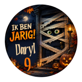 Halloween traktatiesticker met naam  | Mysterieuze deur