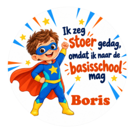 Superheld traktatiesticker met naam | Jongen