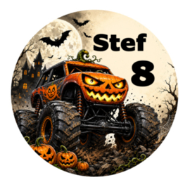 Halloween monstertruck traktatiesticker met naam