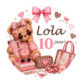 Trendy teddybeer traktatiesticker met naam