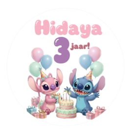 Stitch en Angel traktatiesticker met naam