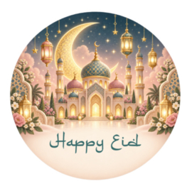 Happy Eid sticker met moskee | Eid traktatiesticker