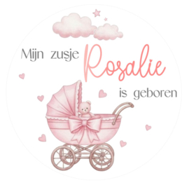 Traktatie stickers met naam | Zusje | Kinderwagen