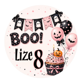 Halloween party traktatiesticker met naam | Roze Boo