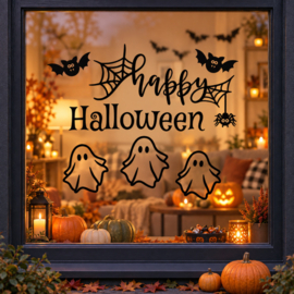 Happy Halloween raamsticker met spookjes en vleermuizen