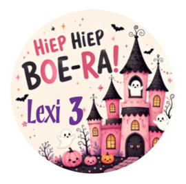 Roze spookkasteel Halloween traktatiesticker met naam