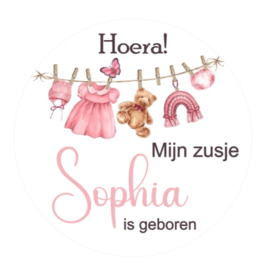 Traktatie stickers met naam | Zusje | waslijn