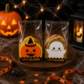 Cellofaanzakje Halloween | Kartonnen inzet | Spook en pompoen