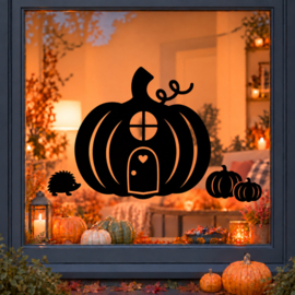 Herfst raamsticker pompoenhuis met bosdieren